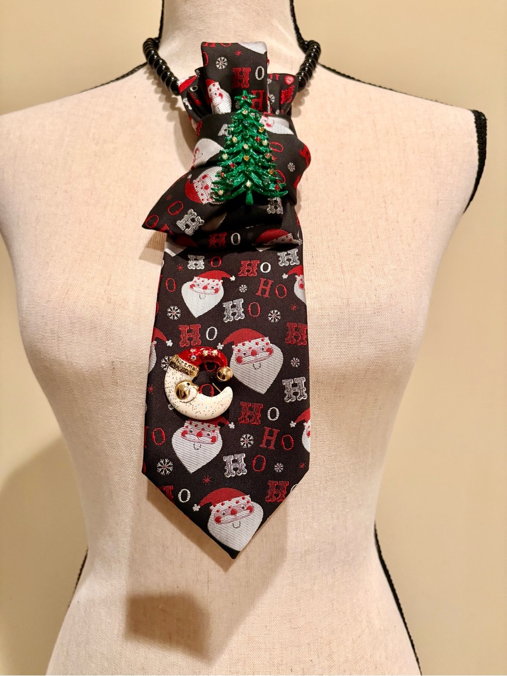 Vintage Up Cycle Women Christmas Tie Black Santa Print Necktie